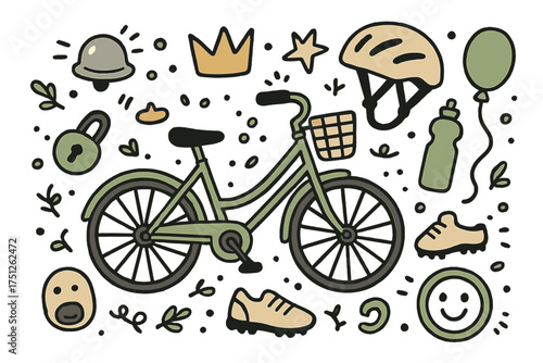 Bicycle Doodle Icons. Bicycles doodle icon set: hand drawn icons of bike with basket, helmet, bell, crown, star, balloon, water