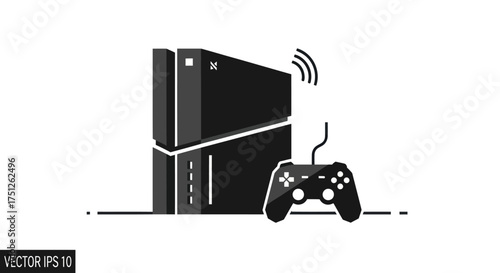 Black Game Console with Controller and Wireless Signal Icon.