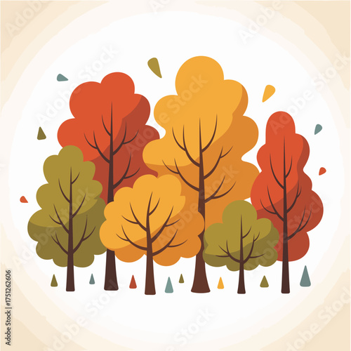 Vibrant autumn forest scene with colorful falling leaves