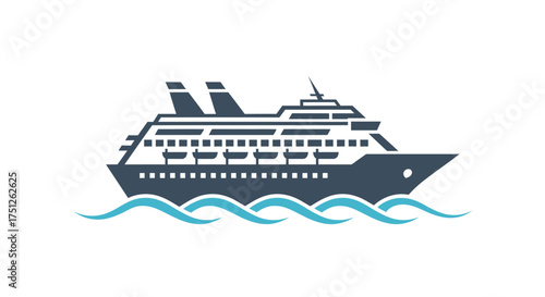 Stylized Cruise Ship Sailing on Blue Ocean Waves.