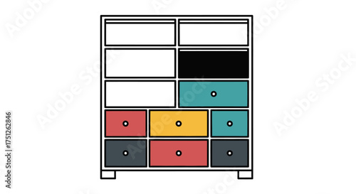 Colorful Modern Cabinet with Multiple Drawers and Open Shelves.
