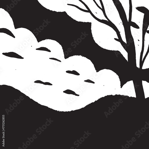 Beautiful Minimalist Black and White Landscape Illustration with Tree and Clouds Abstract Nature Line Art