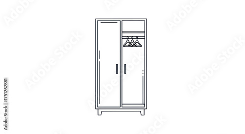 Minimalist Line Art Illustration of a Wooden Wardrobe with Hangers.