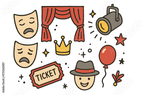 Theater Icon Doodles. Theater doodle icon set: hand drawn icons of comedy mask, tragedy mask, curtain, spotlight, crown, star,