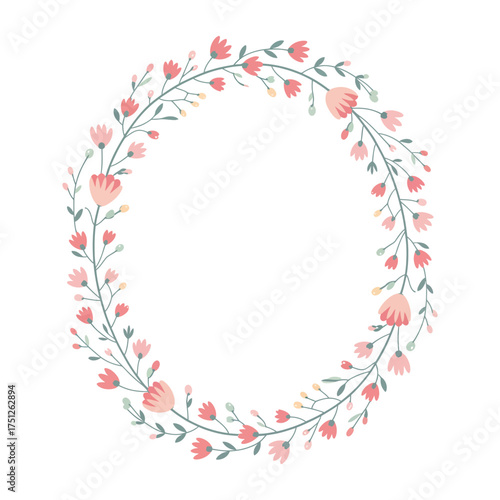 Delicate watercolor floral wreath with pink blossoms and greenery