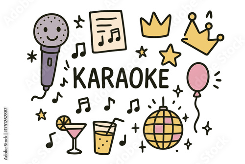 Karaoke Doodle Icons. Karaoke doodle icon set: hand drawn icons of microphone with smile, lyrics sheet, crown, star, balloon,