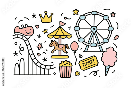 Amusement Park Icons. Amusement park doodle icon set: hand drawn icons of roller coaster with smile, ferris wheel, carousel, crown