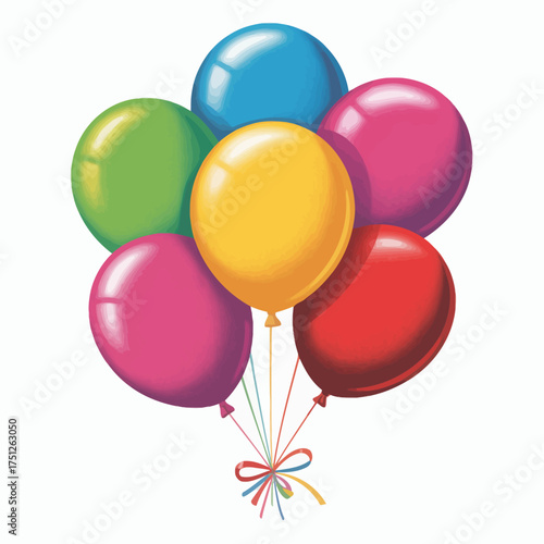 Brightly colored bunch of balloons tied together with ribbon