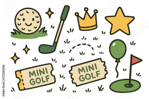Mini Golf Icons. Mini golf park doodle icon set: hand drawn icons of golf ball with smile, putter, crown, star, balloon, flag, and
