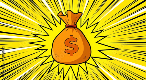A wealthy pop art money bag with dollar symbol on a bright background for business success, financial growth