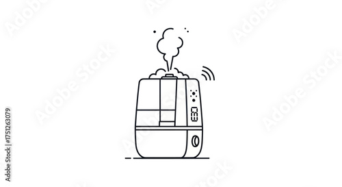 Minimalist Line Art Illustration of a Modern Humidifier Releasing Steam.