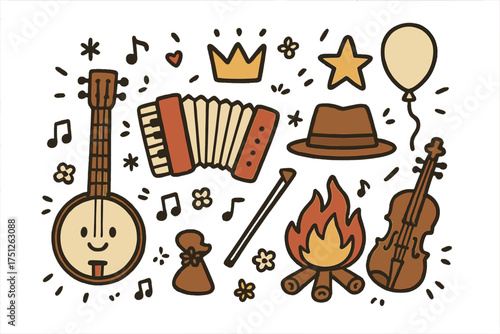 Folk Music Doodle Icons. Folk music doodle icon set: hand drawn icons of banjo with smile, accordion, crown, star, balloon, hat,