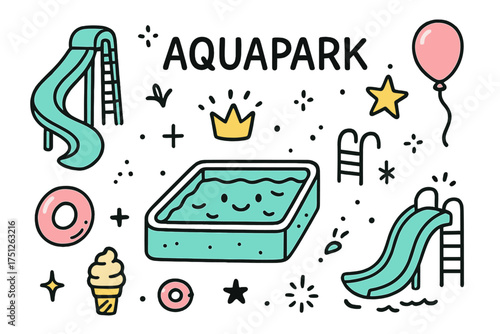 Aquapark Fun Icons. Aquapark doodle icon set: hand drawn icons of slides, pool with smile, crown, star, balloon, float, and ice