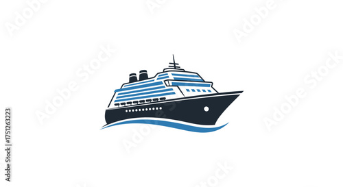 Stylized Blue and Black Cruise Ship Illustration with Waves Ocean Liner Vector Graphic.