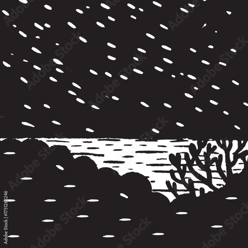Minimal Black and White Rainy Landscape Illustration Abstract Nature Silhouette Background for Design and Print
