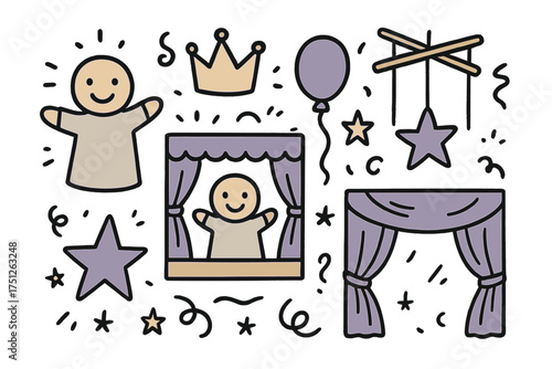 Puppet Show Doodles. Puppet show doodle icon set: hand drawn icons of puppet with smile, stage, crown, star, balloon, strings, and