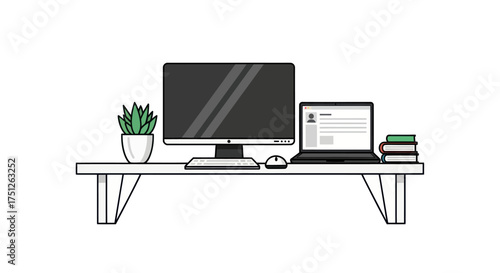 Minimalist Desk Setup with Computer Laptop Plant and Books.