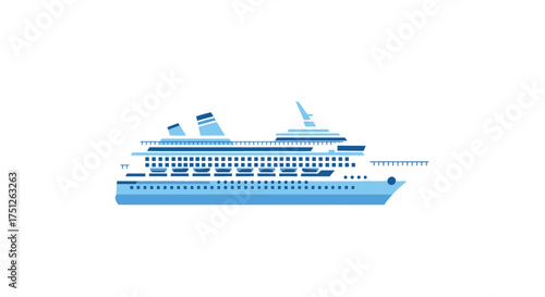 Blue Cruise Ship Illustration with Multiple Decks and Smokestacks.