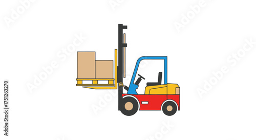 Colorful Cartoon Forklift Truck Lifting Cardboard Box on Pallet.