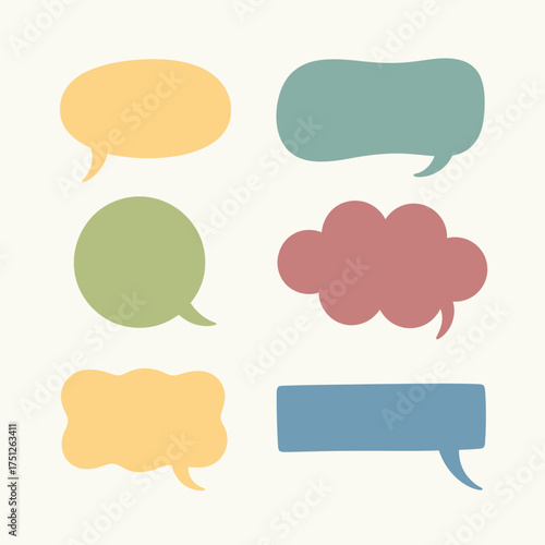 Collection of six hand drawn speech bubbles in pastel colors