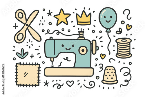 Sewing Icons Doodle. Sewing workshop doodle icon set: hand drawn icons of sewing machine with smile, scissors, crown, star,
