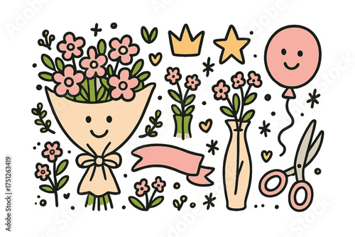 Cute Flower Workshop Icons. Flower arranging workshop doodle icon set: hand drawn icons of bouquet with smile, vase, crown, star,