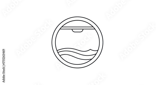 Circular porthole window with stylized ocean waves and sky.