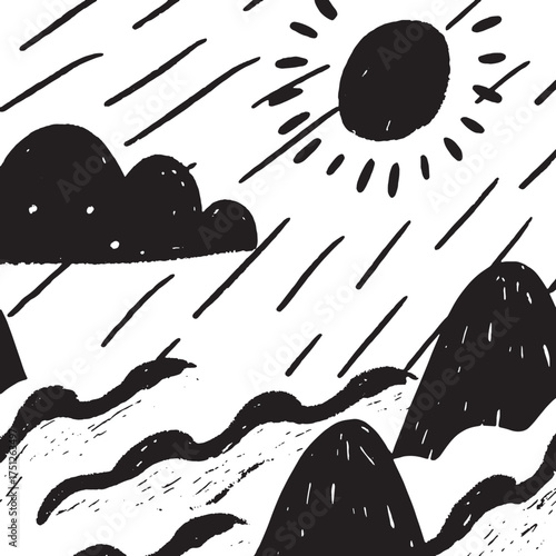 Minimalist Black and White Landscape Illustration with Mountains, Sun, and Waves Abstract Nature Art