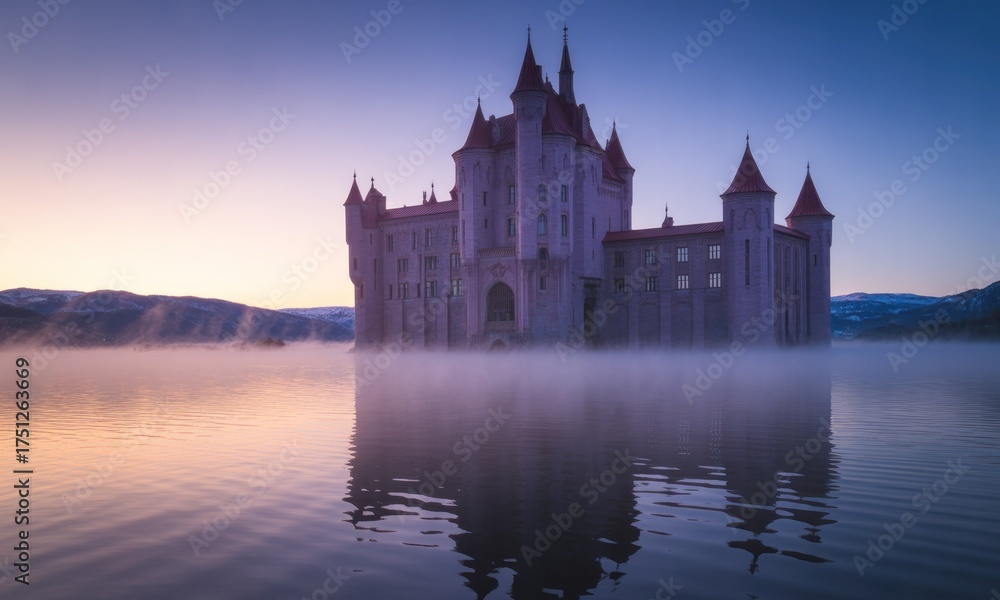 Fototapeta premium A grand castle rises from a misty lake at dawn, its reflection mirroring in calm waters