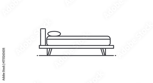 Minimalist Bed with Pillow and Headboard Line Art Illustration.