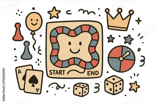 Classic Board Games Doodle. Classic board games illustration doodle style: hand drawn retro board with smile, pawns, crown, star,