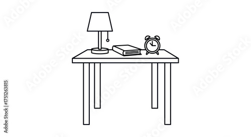 Simple Line Art of a Table with Lamp Book and Clock.