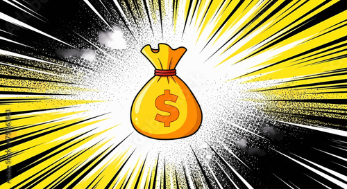 A pop art cartoon money bag with a dollar symbol represents wealthy business success and financial growth