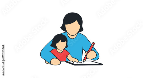 Mother and Child Drawing Together on a Tablet with a Stylus.