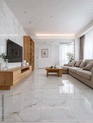 Modern living room interior with furniture and marble floor