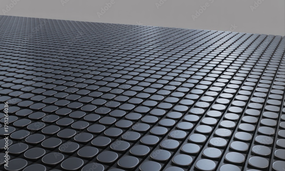 Fototapeta premium A grid-like surface composed of countless dark, circular tiles extending into the distance