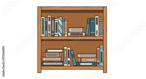 Wooden Bookshelf Filled with Various Books Illustration.
