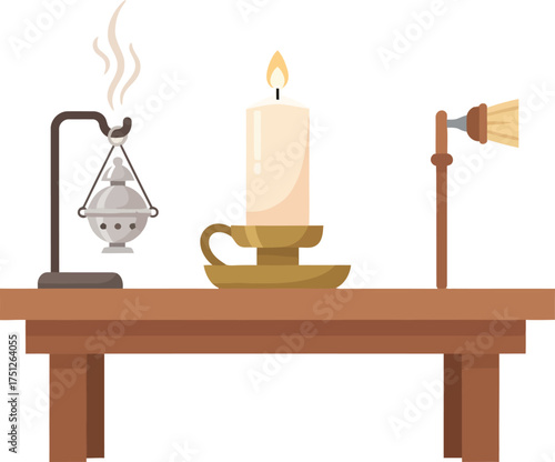 Peaceful spiritual scene for meditation and faith featuring a collection of sacred ritual objects like a lit candle, smoking incense burner, and holy water sprinkler.