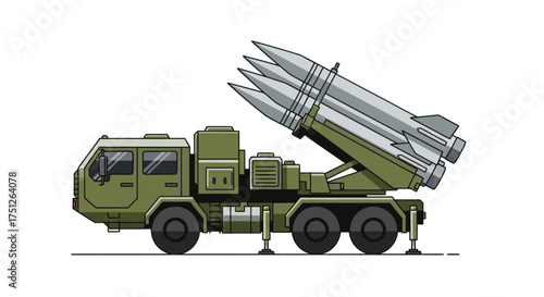 Military missile launcher truck with multiple rockets ready for deployment.