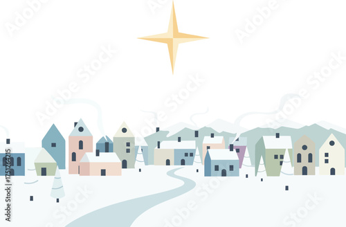 Winter wonderland village with snow-covered houses and mountains, illuminated by a bright Bethlehem star. A cozy, peaceful Christmas holiday scene.