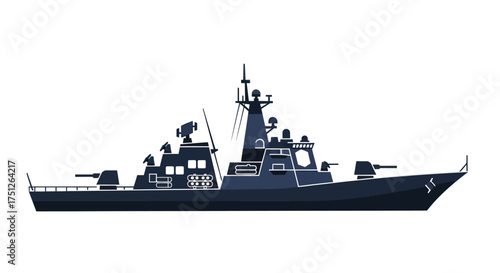 Silhouette of a Modern Naval Warship with Guns and Radar.