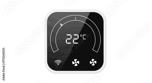 Modern digital smart thermostat displaying 22 degrees Celsius with Wi-Fi and fan icons.