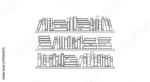 A detailed line drawing of a three-shelf bookshelf filled with books.