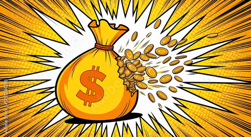 Wealthy business success in pop art comic style. A dollar money bag explosion with gold coins for financial growth
