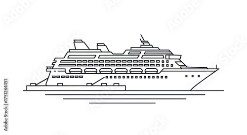 Detailed Black and White Line Art Cruise Ship Illustration.