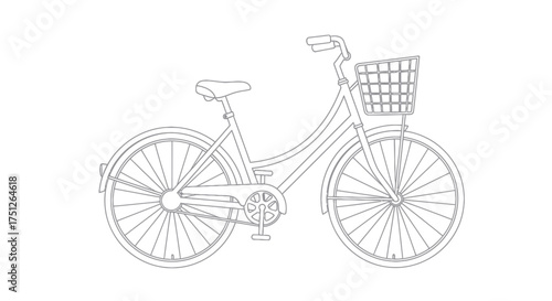 A detailed line drawing of a classic bicycle with a front basket.