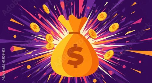 Rich pop art money bag explosion with dollar cash and gold coin shows business success and financial growth