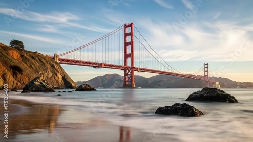 Iconic bridge spans shimmering water under a bright sky Rocky shoreline meets gentle waves Peaceful vista inspires awe A perfect picture of travel destination