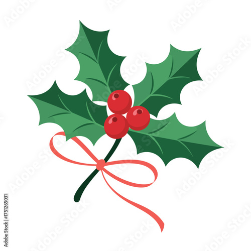 Christmas holly sprig with red berries and orange ribbon bow