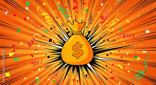 Pop art cartoon money bag with dollar symbol explosion, a business concept for financial success and wealthy growth